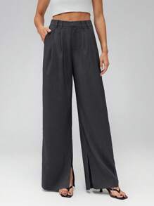 SHEIN Tall Pantaloni largi pentru femei, pantaloni de costum, pantaloni negri casual, pantaloni largi pentru femei, primăvara și toamna - Gri inchis - Vizualizare 3