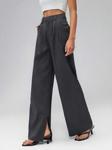 SHEIN Tall Pantaloni largi pentru femei, pantaloni de costum, pantaloni negri casual, pantaloni largi pentru femei, primăvara și toamna - Gri inchis - Vizualizare 5