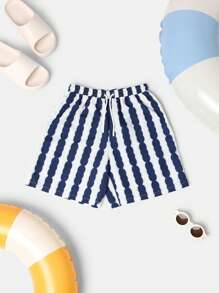 SUMWON 男童条纹泳裤沙滩短裤夏季沙滩泳池度假可调节腰部运动泳裤 - 寶藍色 - 查看 1