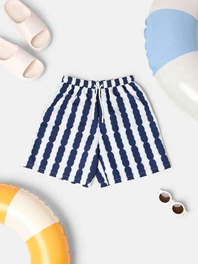 SUMWON 男童条纹泳裤沙滩短裤夏季沙滩泳池度假可调节腰部运动泳裤