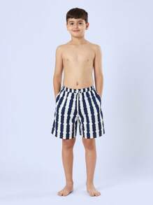 SUMWON 男童条纹泳裤沙滩短裤夏季沙滩泳池度假可调节腰部运动泳裤 - 寶藍色 - 查看 4