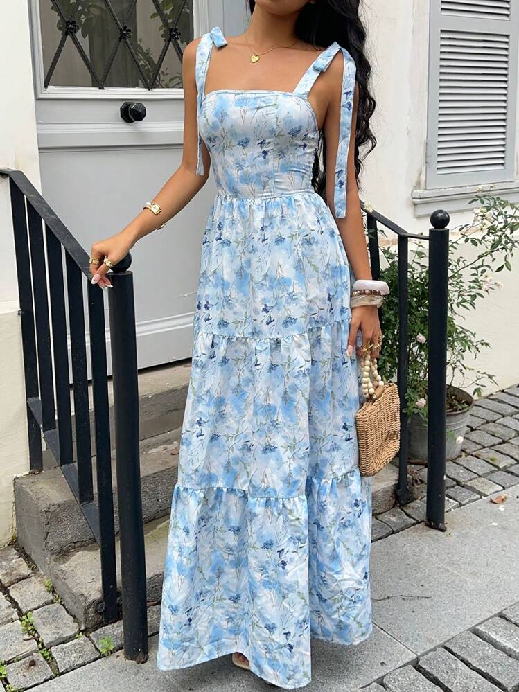 Sunnyshic Vestido Longo de Praia com Estampa Floral, Decote Transpassado e Ombros Descobertos para Mulheres - Azul e Branco - Visão 7