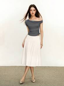 INAWLY Elegantes & sexy Crop Top mit asymmetrischem Ausschnitt und kontrastierender Spitze, Grau, Sommer - Grau - Übersicht 2