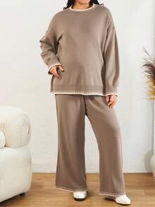 EURMUSE Color Block Edged Long Sleeve Sweater And Knitted Pants Two Pieces Set - Mocha Brown - View 3