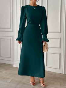 EURMUSE Frenchy Frill Sleeve Maxi Dress With Lining - Green - View 4