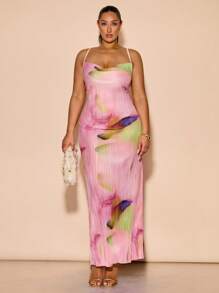 SHEIN BAE 大码女式优雅花卉印花超长吊带裙、度假装、度假太阳裙、海滩度假装、热带度假女装、女式夏季服装、太阳裙、日常穿着、露背连衣裙、超长连衣裙、女式花卉连衣裙、褶皱、女式淡色连衣裙 - 彩色 - 查看 1