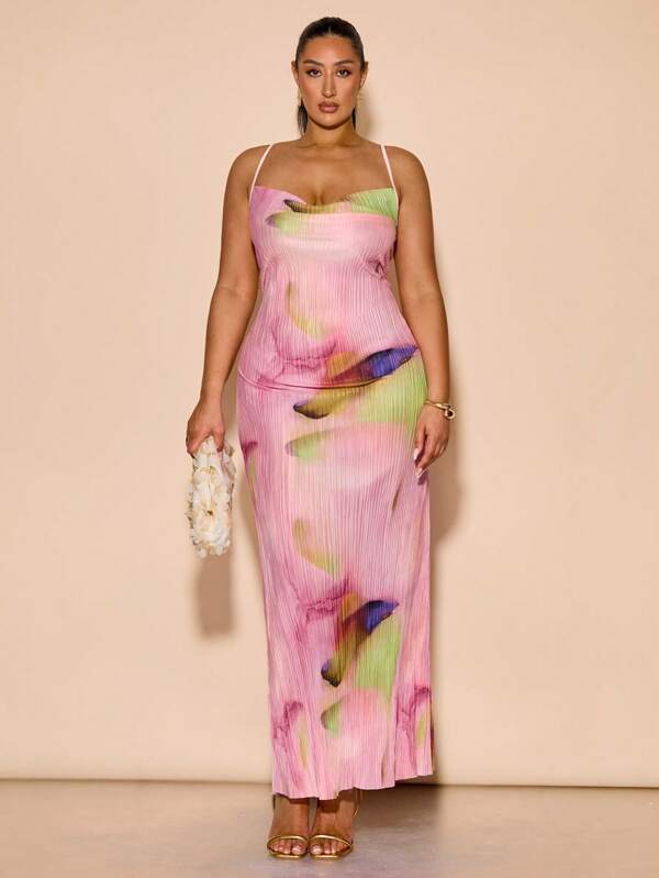 SHEIN BAE Plus Size Women's Elegant Floral Print Maxi Slip Dress, Vacation Outfits, Summer Dresses/Formal Dresses For Women/Fall Wedding Guest Dress Curve/Club Outfits Women Sexy/Teacher Outfits Plus Size/Halloween Plus Size/Halloween Clothes/Airport Outfit For Ladies/Western Women Outfits/Back To School/Birthday Dresses For Women/Plus Size Dresses/Holiday Women Outfits/Rave Outfits/Off Shoulder/Elegant Dress,Homecoming Dress