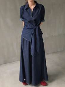 FRIFUL 女士休闲宽松抽绳衬衫和牛仔裙两件套 - 深色水洗藍 - 查看 3