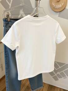 SHEIN 5-Pointed Star Studded Sparkly Women's Regular Fit Short Sleeve Crew Neck T-Shirt - White - View 2