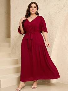 Veilorie Plus Size V-Neck Short Sleeve Casual Waist Cinched Summer Dress - Burgundy - View 3