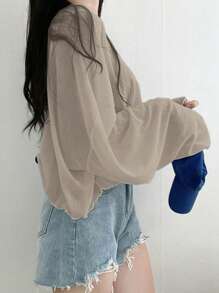 DAZY Women's Loose V-Neck Short Solid Color T-Shirt, Spring/Summer Sheer Long Sleeve Women Tops