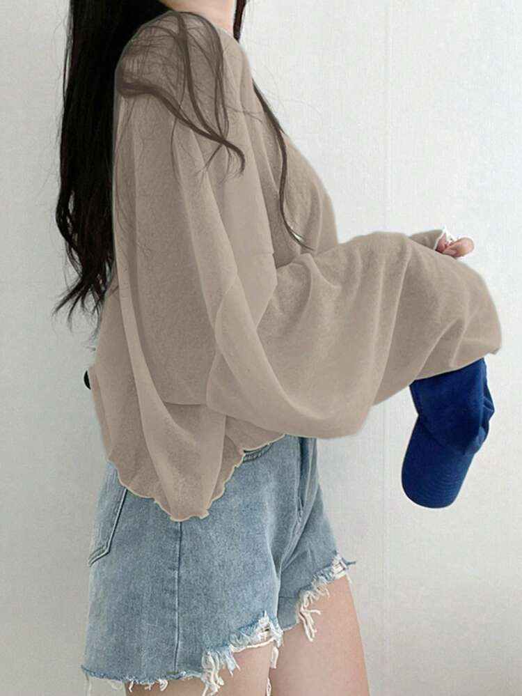Women's Loose V-Neck Short Solid Color T-Shirt, Spring/Summer Sheer Long Sleeve Women Tops,Fall Women Clothes Crop Women Tops