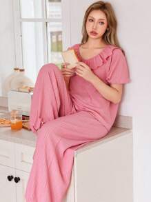 Dream Adore French Casual Minimalist Wide Loose Crew Neck Ruffle Trim Top & Pants Women Loungewear Set Outfit - Pink - View 5
