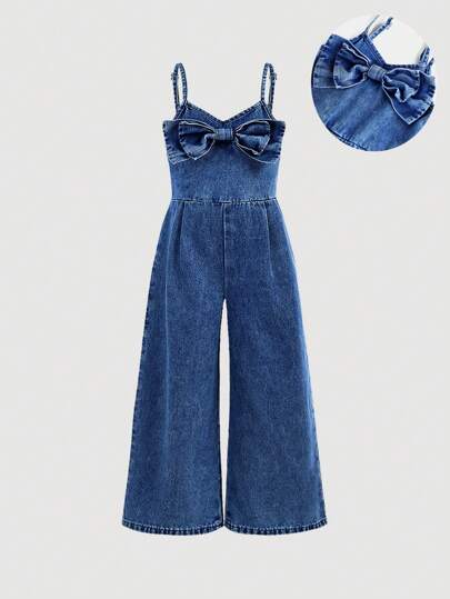 SHEIN 年轻女孩蝴蝶结牛仔连体裤