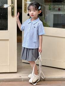 Dazy Kids 女童编织条纹刺绣短袖衬衫，夏季 - 藍色 - 查看 2