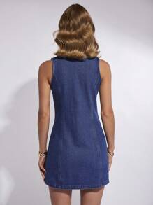 COSMINA Women Summer Casual Front Button Mini Denim Dress - Navy Blue - View 2