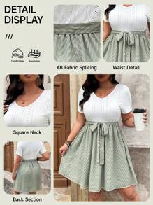 SHEIN LUNE 大码女式夏季婚礼宾客礼服女式腰部系带拼接 A 形摆连衣裙