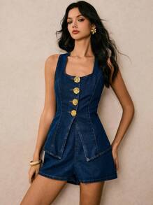 Poéselle 新款女牛仔套装无袖马甲两件套金属纽扣装饰深蓝色牛仔两件套法式优雅休闲外出服秋季女装老花商务休闲女 - 深色水洗藍 - 查看 7