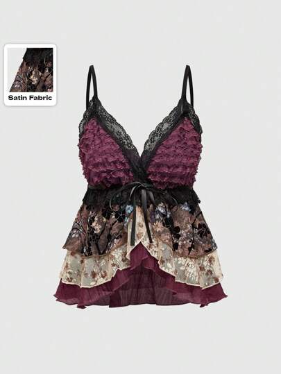 J-Fashion Top de mujer tipo camisola con volantes, textura con efecto flockado, dobladillo asimétrico y multicapa, estilo vintage hippie del milenio