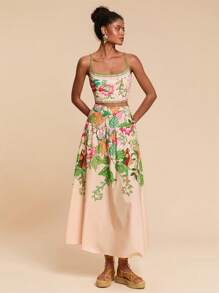 Travachic 2 件套度假休闲植物印花吊带背心和长裙，女士度假装，女士度假装，海滩度假装，女士夏季装，度假两件套 - 彩色 - 查看 1