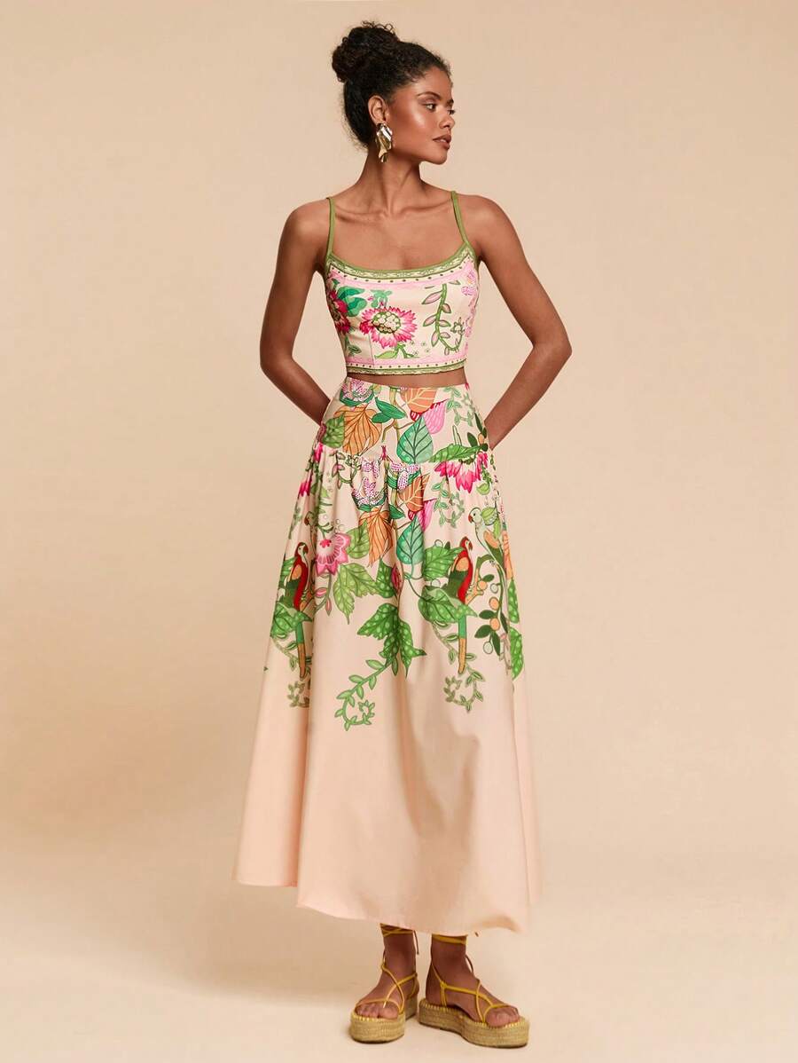 Travachic 2 件套度假休闲植物印花吊带背心和长裙，女士度假装，女士度假装，海滩度假装，女士夏季装，度假两件套 - 彩色 - 查看 1