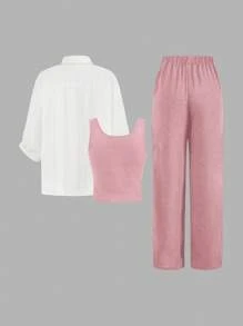 SHEIN LUNE 3 件套女士单色格子衬衫、修身西装外套和阔腿裤秋季套装，2024 年新款