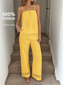 SHEIN LUNE 2 件女式蕾丝拼布有机棉吊带背心上衣和裤子套装，春夏季黄色女式两件套女式夏季两件套女式黄色套装黄色夏季套装舒适两件套