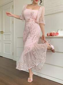 DAZY Đầm midi voan in hoa cổ vuông viền bèo cho nữ, thích hợp cho ngày Valentine, đi nghỉ mát hoặc lễ Phục sinh. - Màu Hồng baby - Xem 4