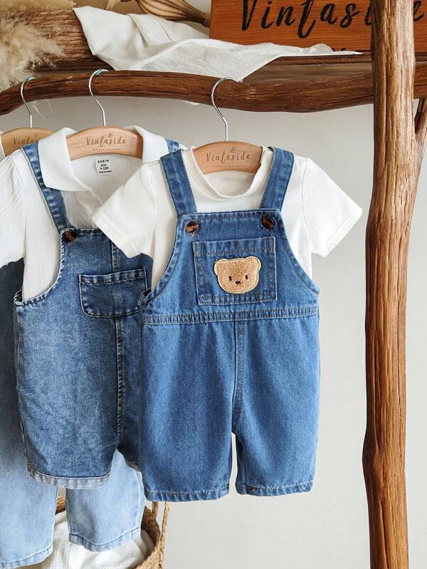 Vintaside Kids Baby Boy Summer Fashion Denim Blue Bib Shorts, Decorated With Tiny Bear Embroidery, Versatile Style Suitable For Outdoor Adventure And Indoor Play, Crafts Adorable Baby Image