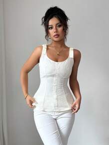 Elenzga Top camiseta elegante y chic de uso en resort con cuello cuadrado de tela jacquard texturizada en color albaricoque y amarillo crema, tirantes ajustables, decoración con lazo, abotonadura sencilla, volantes en la cintura alta, y dobladillo en línea A