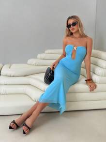 Roylia 女士优雅露肩海鲜装饰海滩纯色性感连衣裙 - 藍色 - 查看 6