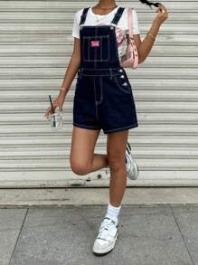 SHEIN 少女斜口袋休闲牛仔工装裤，带标签，春夏休闲度假乡村波西米亚风 - 深色水洗藍 - 查看 4