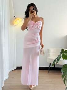 Chiquease Women's Elegant Satin & Chiffon Patchwork Bowknot Dress