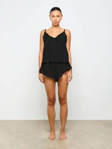 AiiRZ Set de pijama de vară cu volane texturate, cu decolteu în V, pijamale de noapte, pijamale de casă, pijamale de primăvară și toamnă, camisol