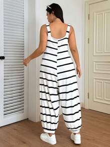 SHEIN EZwear Quần yếm vải nỉ co giãn sọc đen trắng cỡ lớn - Đen và trắng - Xem 2