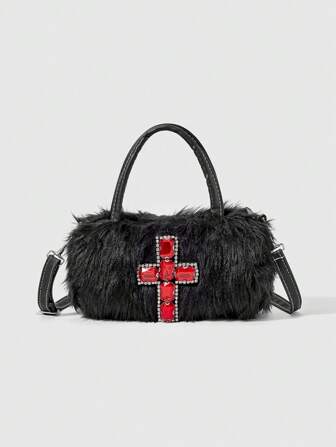Goth Rhinestone Red Cross Furry Crossbody Bag