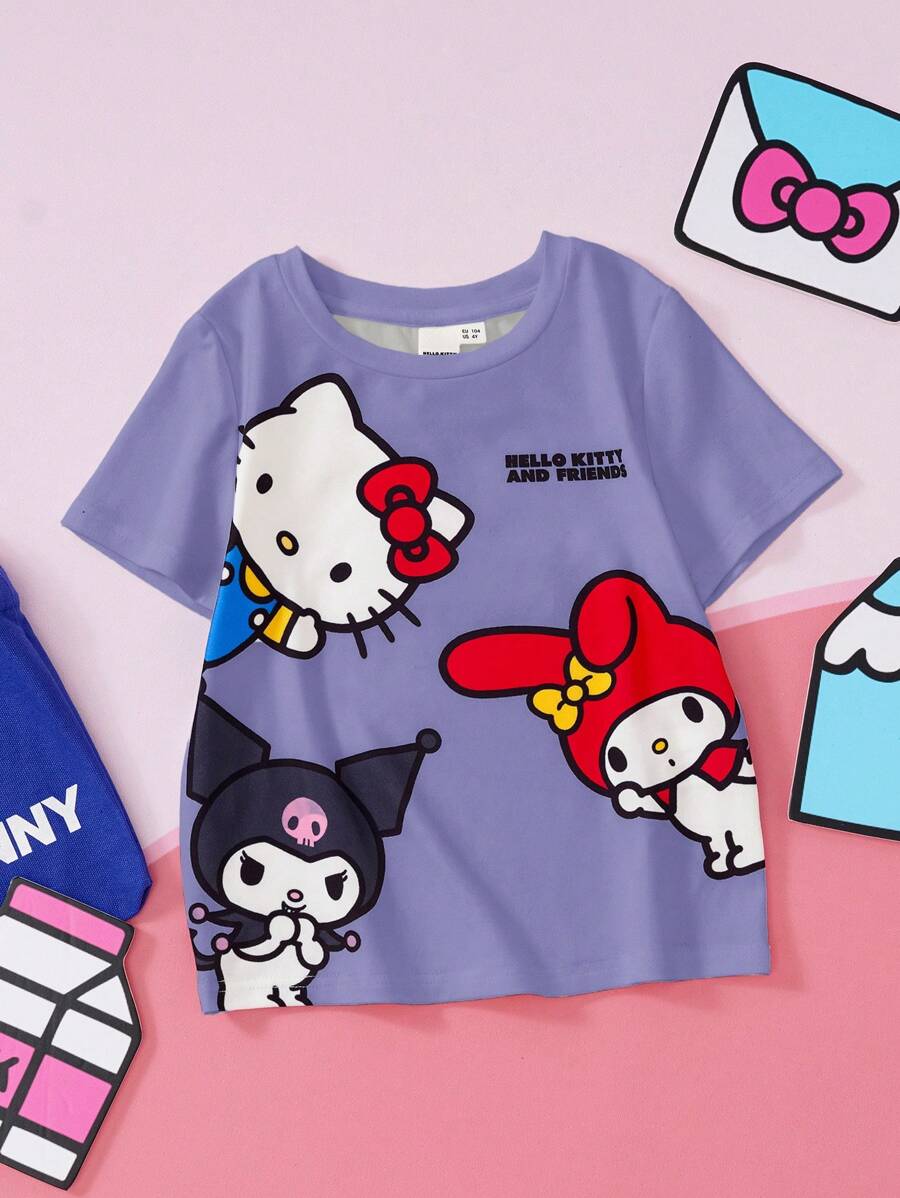 HELLO KITTY AND FRIENDS | SHEIN 少女可爱卡通图案休闲短袖T恤，夏季 - 紫色 - 查看 1