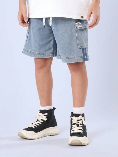 SUMWON Tween Boys Summer Cargo Denim Shorts Drawstring Waist Relaxed Fit Casual Side Stripe Pockets School Weekend Fashion