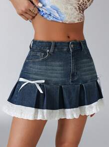 SHEIN Unity Thời trang nữ Boutique Phong cách cá nhân hóa Phong cách đường phố Dễ thương Nơ ren Viền trang trí Denim Wash Denim Váy chữ A - Rửa tối - Xem 2