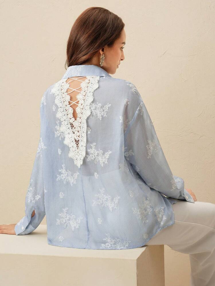 Camisa de manga larga con diseño de encaje, bordado y rayas elegante para mujeres, con diseño de espalda hueca, fina y transpirable para uso en verano