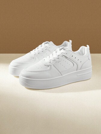 CUCCOO EASI Baskets blanches décontractées à semelle épaisse et lacets pour femmes, chaussures plates polyvalentes tendance pour étudiantes, printemps et été