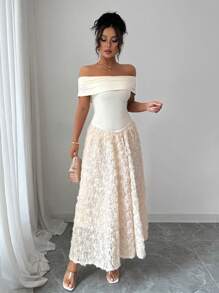 Elenzga Vestido midi elegante de alta gama de línea A con hombro asimétrico elástico de punto, cintura asimétrica, aplicación de flor de rosa 3D y bajo acampanado, adecuado para fiesta, festival, vacaciones, en color crema francés albaricoque - Albaricoque - Ver 2