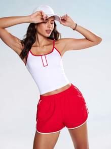 SHEIN Sports Women's White Ribbed Knitted Crop Tank Top With Red Trim And Button Front. This Sleeveless Sports Top Is Perfect For Workout Or Casual Summer Wear. - White - View 3
