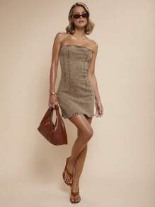 COSMINA 女士休闲百搭牛仔紧身连衣裙 - 咖啡棕 - 查看 5