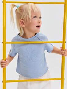 SHEIN 年轻女孩休闲舒适圆领短袖星星印花T恤 - 藍色 - 查看 1