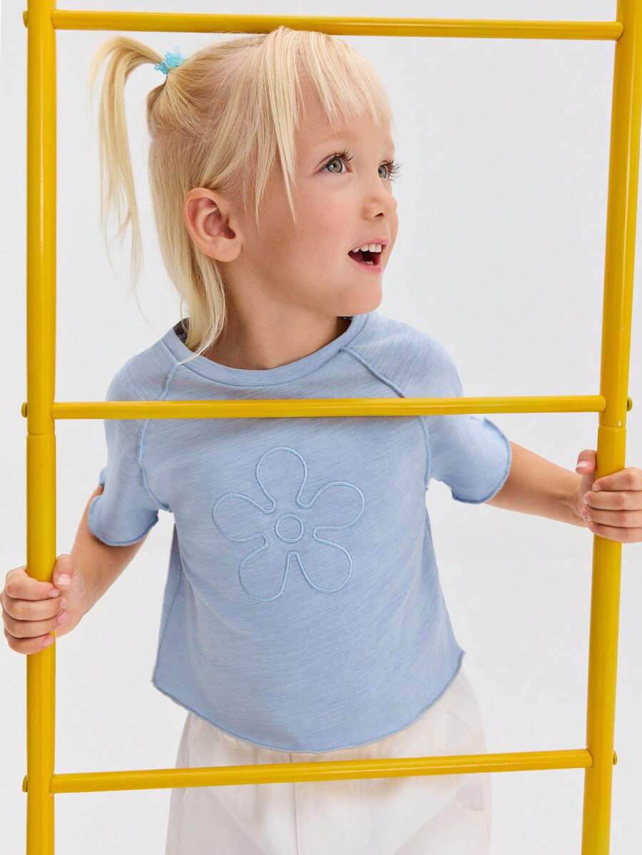 SHEIN 年轻女孩休闲舒适圆领短袖星星印花T恤 - 藍色 - 查看 1