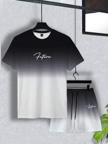 Manfinity Homme Herren Farbverlauf Buchstaben Muster Kurzarm T-Shirt & Shorts Set, Sommer Herren 2-teiliges Outfit - Verschiedenfarbig - Übersicht 3