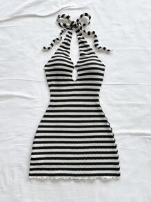 Soleia 新款条纹露背迷你连衣裙，海滩度假风格