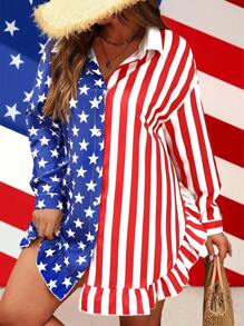 SHEIN LUNE Plus Size Women Independence Day American Flag Digital Print Ruffle Collar Button Loose Blouse - Multicolor - View 1