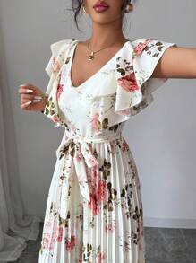 Selianne Mono elegante con cuello en V con volante, cintura plisada, pierna ancha, para vacaciones y resort - Multicolor - Ver 5